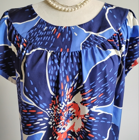 Victor Alfaro 100% Silk Navy Blue Floral Shift Dress Colorful Day Evening Sz 10 - Picture 5 of 16